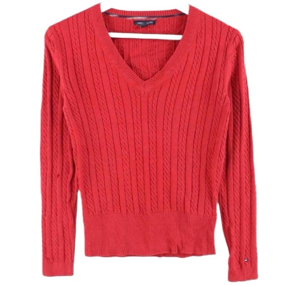 Tommy Hilfiger | Cotton Cable Ivy V-Neck Long Sleeve Knit Sweater Scarlet (M) - Picture 2 of 11
